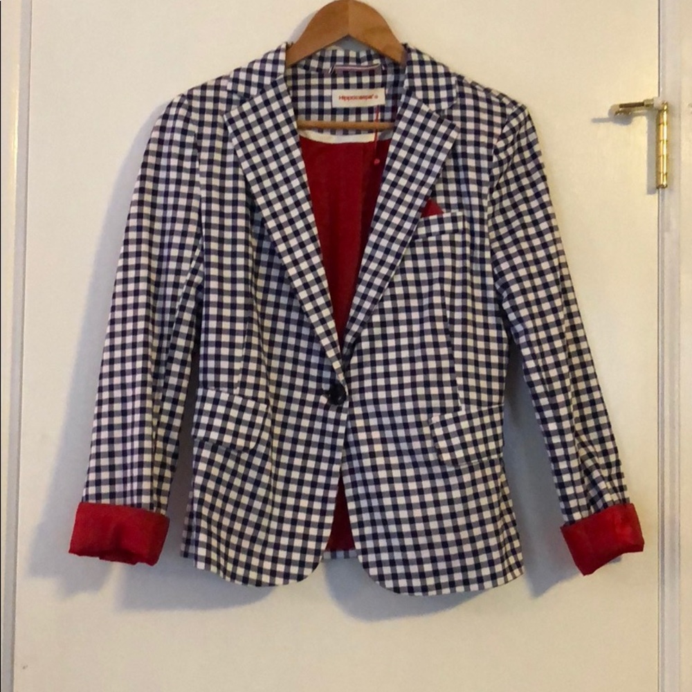 Blue and red gingham blazer